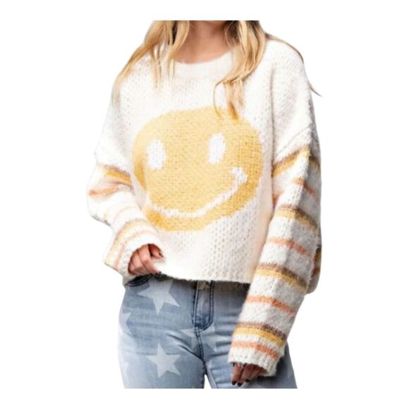 Smiley Face Sweater Yellow Striped Loose Knit Pullover Small by Easel NWT Cream - Picture 3 of 16